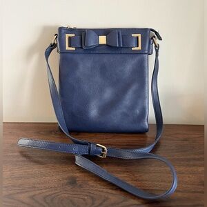 Crossbody Purse Shoulder Bag Bow Navy Blue Faux Leather Adjustable Pockets Lined